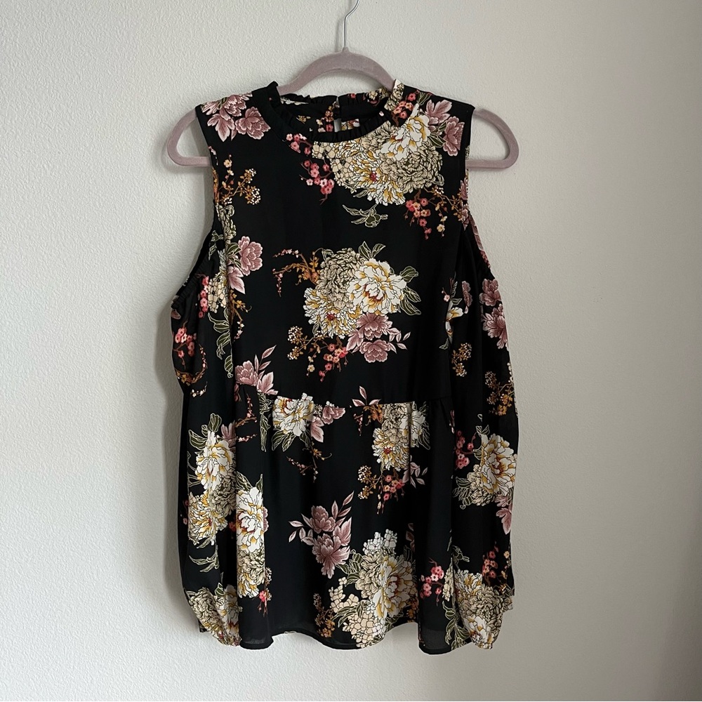 Nordstrom Bobeau Black Floral Off the Shoulder Mock Neck Long Sleeve Top Large